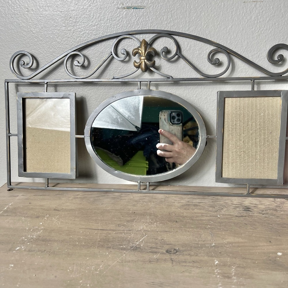 Vtg Iron Garden Triple Frame Wall Mirror Fleur De‎ Lis Metal Gray Gold 20x11
